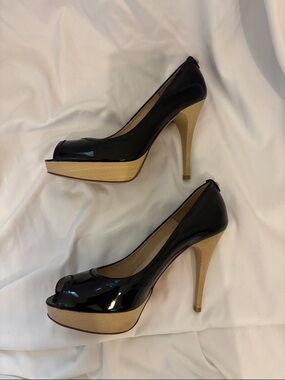 Stuart Weitzman Black Patent Peep-Toe Stiletto Pumps